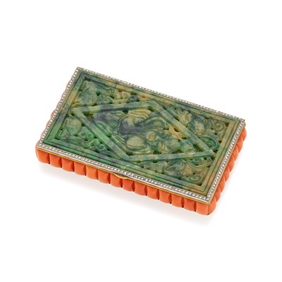 Lot 1152 - Berlioz-Leroy Gold, Platinum, Carved Jade, Coral and Diamond Case