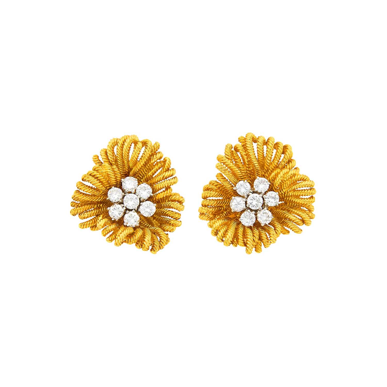 Lot 43 - Van Cleef & Arpels Pair of Gold and Diamond Flower Earclips, France