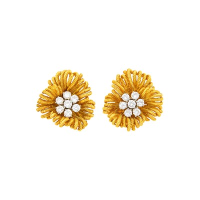 Lot 43 - Van Cleef & Arpels Pair of Gold and Diamond Flower Earclips, France