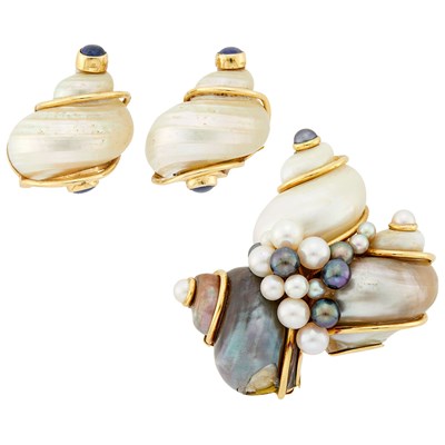 Lot 1094 - Seaman Schepps Pair of Gold, Shell and Cabochon Sapphire Earclips and Multicolored Shell and Cultured Pearl Clip-Brooch