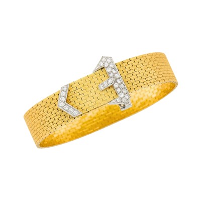 Lot 1121 - Gold, Platinum and Diamond Buckle Slide Bracelet