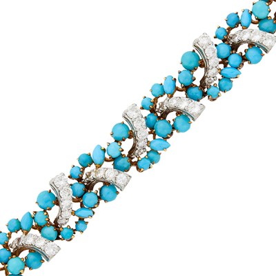 Lot 1141 - Gold, Platinum, Turquoise and Diamond Bracelet, France