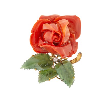 Lot 1126 - Gold, Carved Oxblood Coral, Nephrite and Diamond Rose Brooch