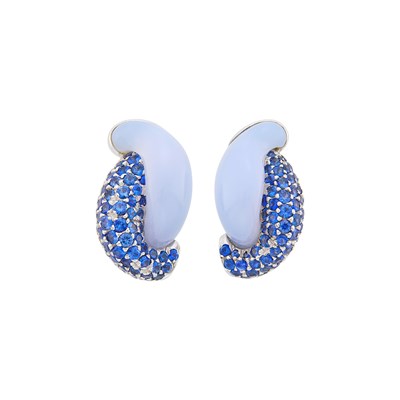 Lot 1165 - Seaman Schepps Pair of White Gold, Sapphire and Blue Chalcedony Earclips