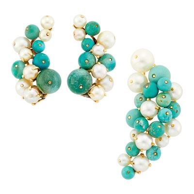 Lot 1142 - Seaman Schepps Gold, Turquoise and Cultured Pearl Cluster Clip-Brooch and Pair of Earclips