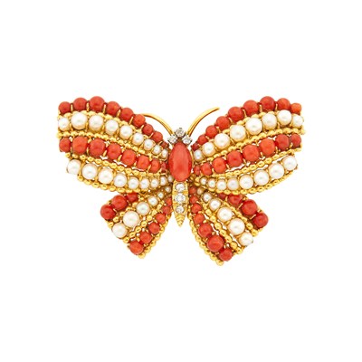 Lot Van Cleef Gold, Coral, Cultured Pearl and Diamond Butterfly Brooch, France