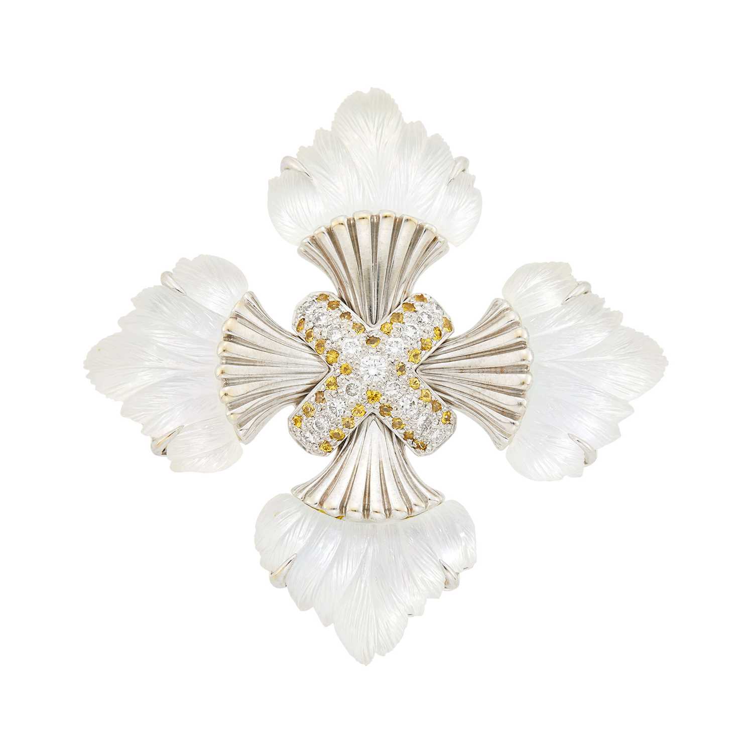 Lot 1161 - Seaman Schepps White Gold, Carved Rock Crystal, Yellow Sapphire and Diamond Maltese Clip-Brooch
