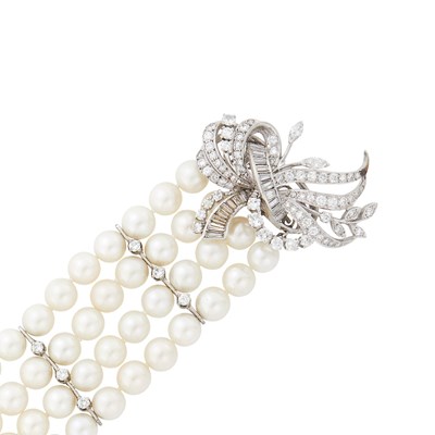 Lot 1077 - Four Strand Cultured Pearl, Low Karat White Gold and Diamond Bracelet