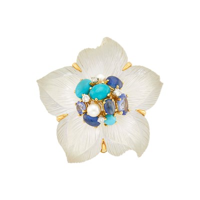 Lot 106 - Seaman Schepps Gold, Carved Rock Crystal, Turquoise, Sapphire, Cultured Pearl and Diamond Flower Clip-Brooch