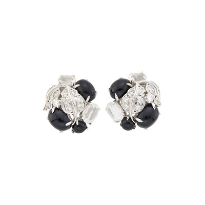 Lot 1163 - Seaman Schepps Pair of White Gold, Rock Crystal, Black Onyx and Diamond Earrings