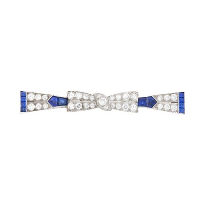 Lot 1174 - Platinum, Diamond and Sapphire Bow Bar Pin