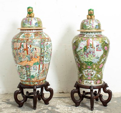 Lot 42 - Pair of Oversized Chinese Rose Medallion Porcelain Lidded Temple Jars