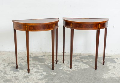 Lot 291 - Pair of George III Style Inlaid Mahogany Demilune Consoles