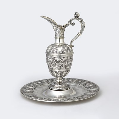 Lot 114 - Victorian Sterling Silver "Cellini" Pattern Ewer and Stand