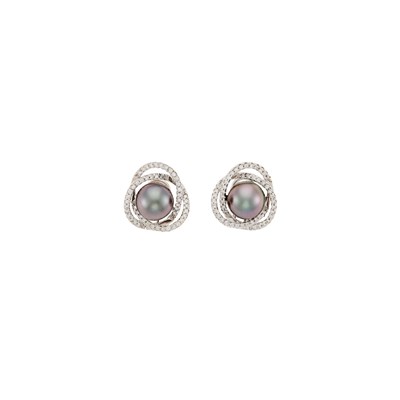 Lot 1073 - Pair of White Gold, Tahitian Gray Cultured Pearl and Diamond Earrings