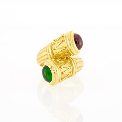 Lot 1015 - Gold and Green and Pink Cabochon Tourmaline Bypass Ring