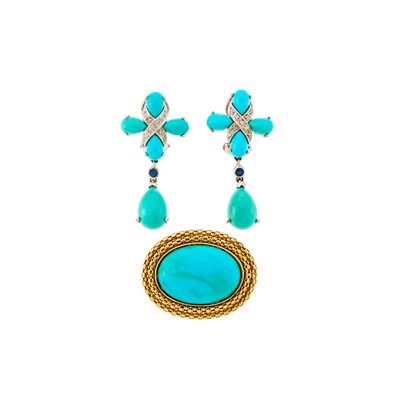 Lot 1199 - Gold and Turquoise Ring and Pair of Low Karat White Gold, Turquoise and Diamond Earrings