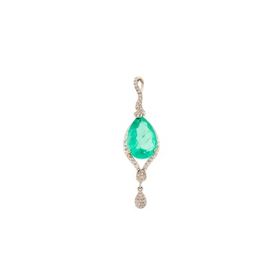 Lot 1091 - White Gold, Emerald and Diamond Pendant