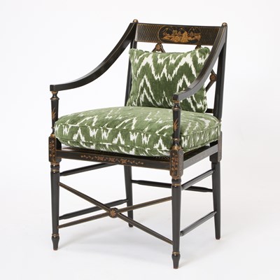 Lot 567 - Burton Ching Regency Style Black and Gilt Lacquer Caned Armchair