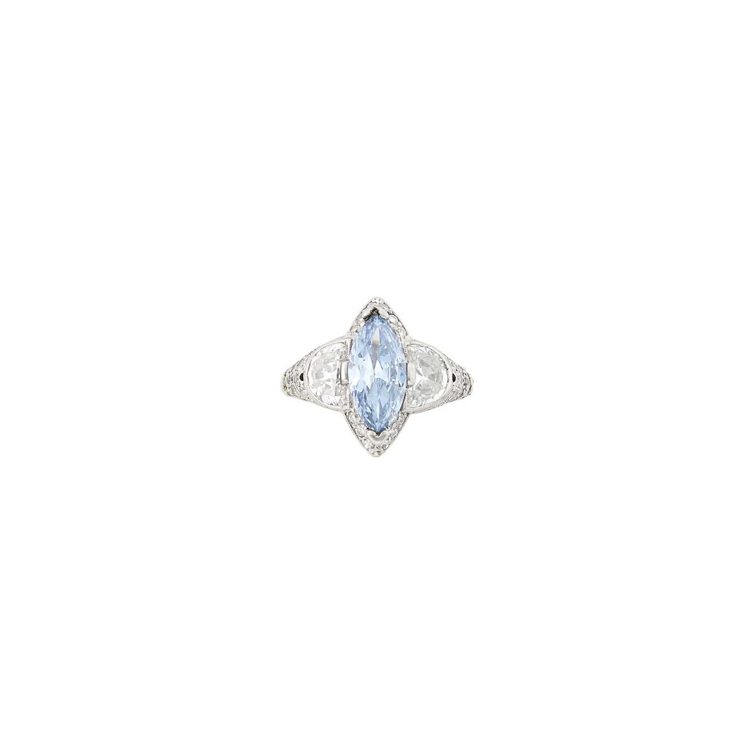 Lot 194 - Platinum, White Gold, Fancy Intense Blue Diamond and Diamond Ring