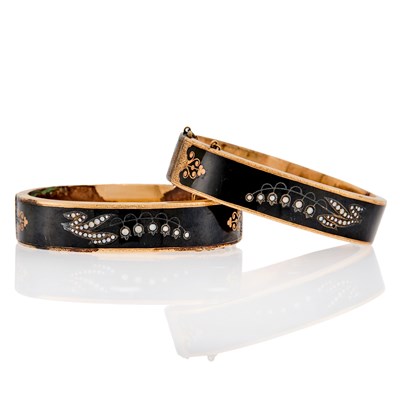 Lot 2167 - Pair of Antique Gold, Silver, Black Enamel and Split Pearl Lily-of-the-Valley Mourning Bangle Bracelets