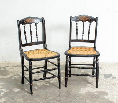 Lot 385 - Pair of French Ebonized & Gilt Decorated Caned Side Chairs