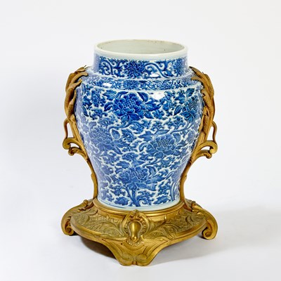 Lot 207 - A Large Chinese Blue and White Porcelain Baluster Jar with French Gilt Bronze Mounts