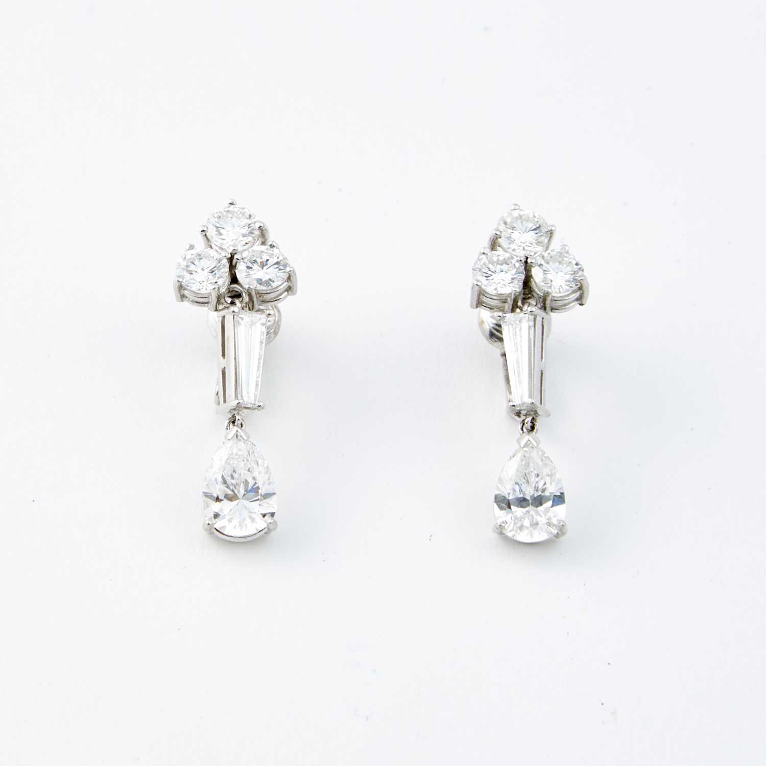 Lot 66 - Two Diamond Earrings, 10 diamonds, 2 stones about 2.95 cts., 6 stones about 2.10 cts., 2 stones about 0.50 ct., 14K 5 dwt.