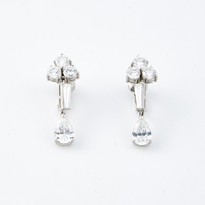 Lot Two Diamond Earrings, 10 diamonds, 2 stones about 2.95 cts., 6 stones about 2.10 cts., 2 stones about 0.50 ct., 14K 5 dwt.