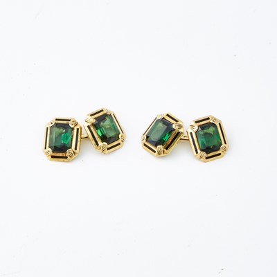 Lot 84 - Two Gold and Stone Cuff Links, 14K 7 dwt. all