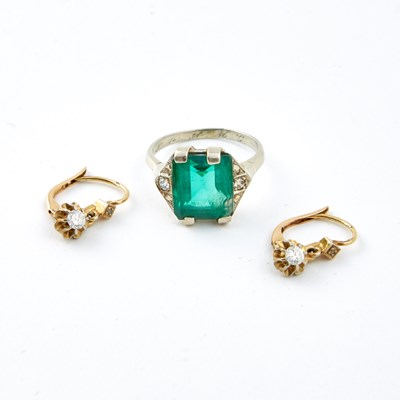 Lot 102 - Diamond and Stone Ring and Two Earrings, 18K 3 dwt. and 14K 1 dwt. all