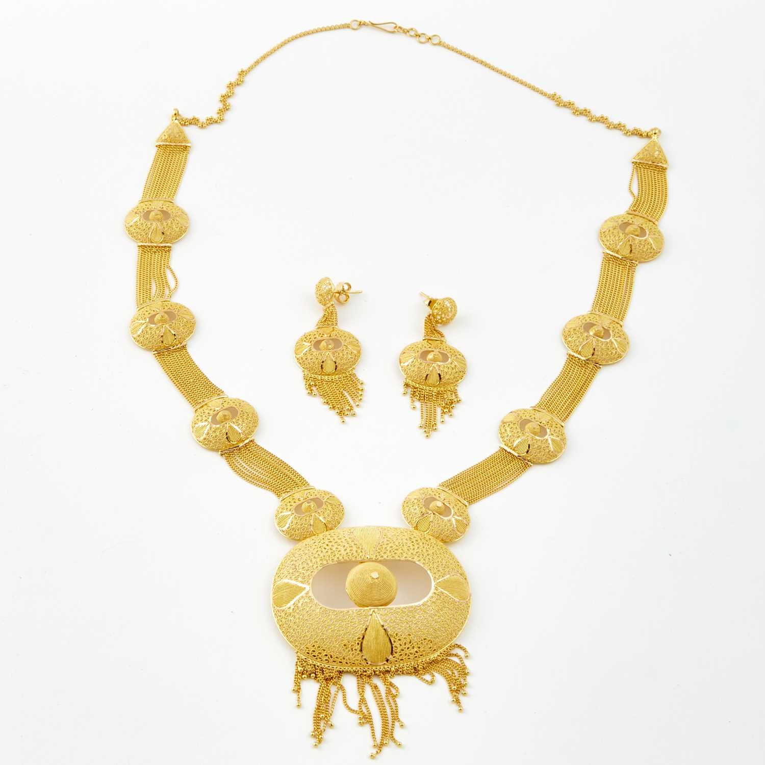 Lot 108 - Gold Necklace and Two Earrings, 21K 69 dwt.