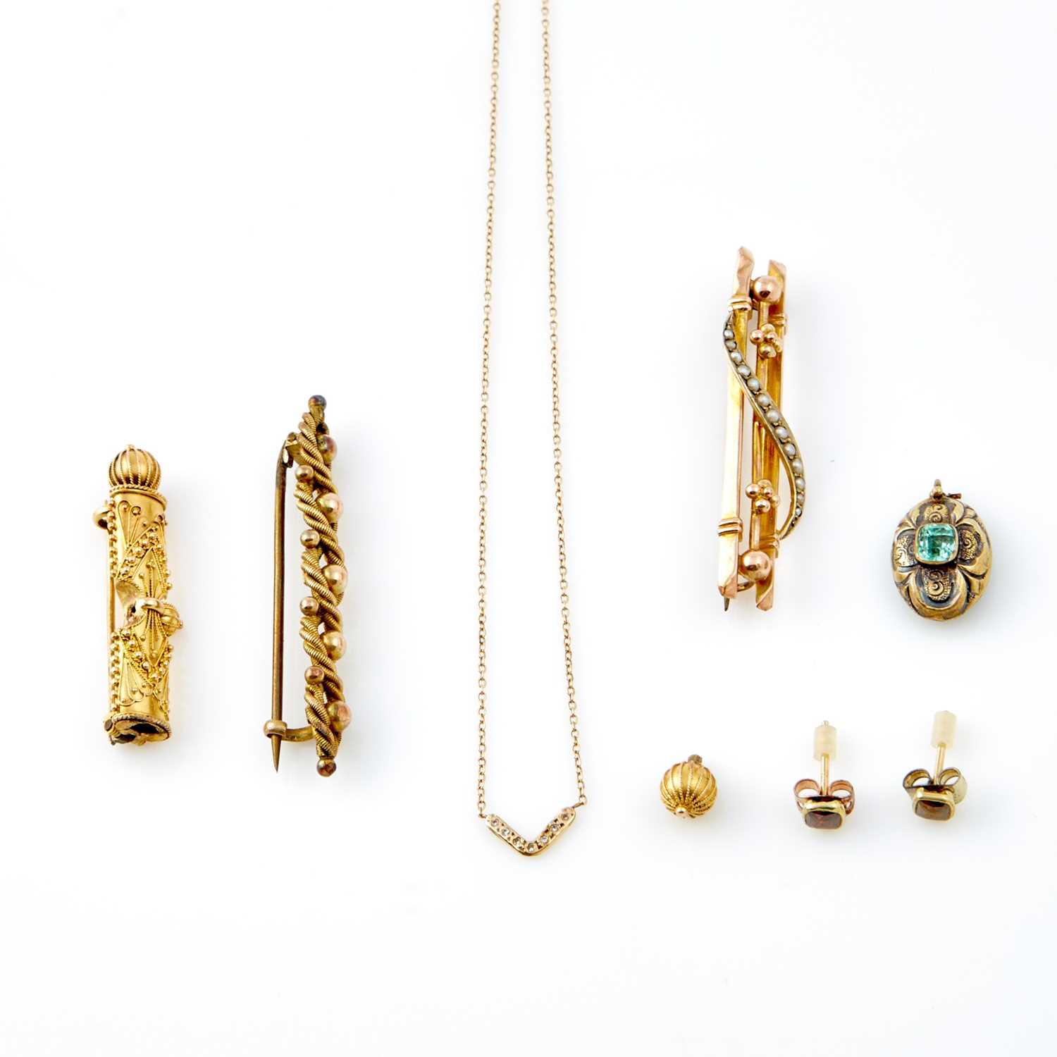 Lot 144 - Three Gold, Stone, Bead and Plastic Pins, Two Earrings and Necklace, 10K 9 dwt. all, damaged