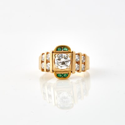 Lot 184 - Diamond and Stone Ring, 9 diamonds, center stone about 0.75 ct., 8 stones about 0.40 ct., 14K 5 dwt all, stone chipped