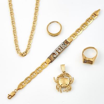Lot 208 - Diamond Ring, Gold and Enamel Ring, Pendant, Chain and Flexible Bracelet, 14K 44 dwt. all, stone    missing, damaged