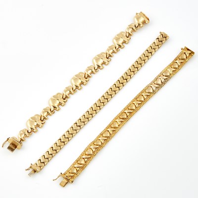 Lot 209 - Three Gold Flexible Bracelets, 14K 26 dwt.