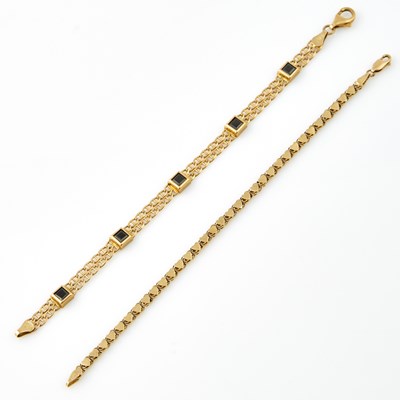 Lot 220 - Two Gold and Stone Flexible Bracelets, 14K 8 dwt. all