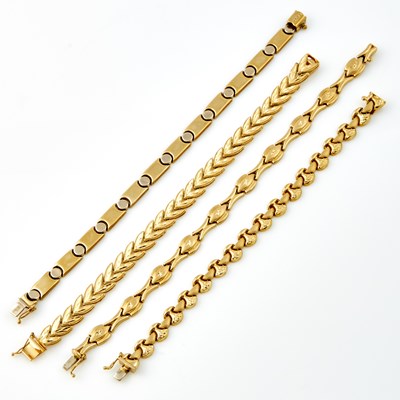 Lot 225 - Four Gold Flexible Bracelets, 14K 29 dwt.