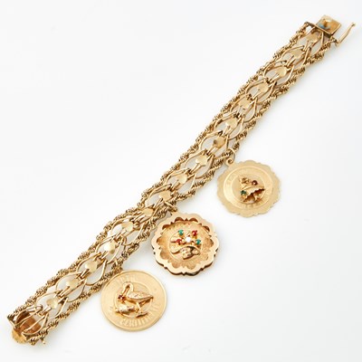 Lot 233 - Gold Charm Bracelet with 3 gold and stone charms attached, 14K 21 dwt. all