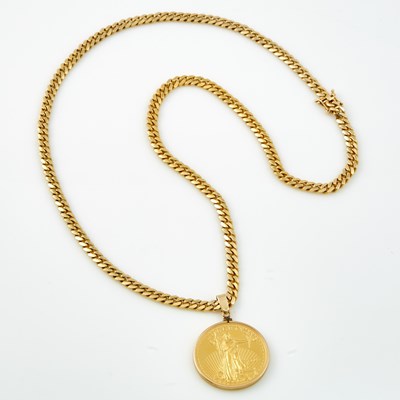 Lot 304 - Gold Coin Pendant and Neck Chain, 22K 21 dwt. and 14K 41 dwt.