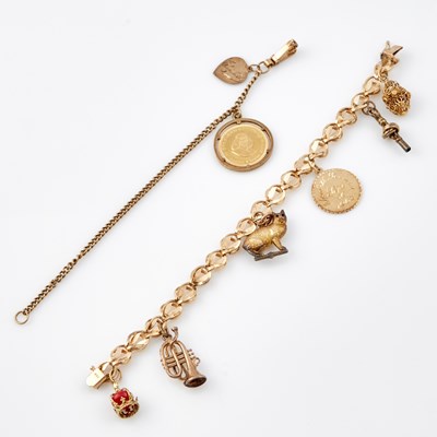 Lot 379 - Two Gold Charm Bracelets with 8 gold, coin and stone charms attached, 22K, 14K, 10K and less than   10K 18 dwt. all