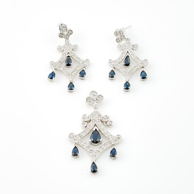Lot 382 - Two Diamond and Stone Earrings and Pendant, 66 diamonds about 0.30 ct., 14K 7 dwt. all,             stone missing
