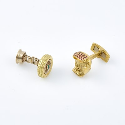 Lot 410 - Two Gold and Stone Cuff Links, 18K 16 dwt. all, bears signature Emil Kahn