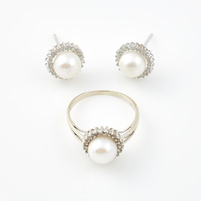 Lot 503 - Diamond and Bead Ring and Two Earrings, 14K 2 dwt. all