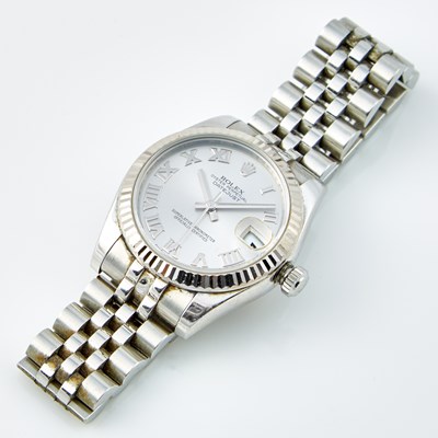 Lot 517 - Ladys Gold and Metal Bracelet Watch, Rolex, Date Just, 31MM, 18K and Metal with box and papers