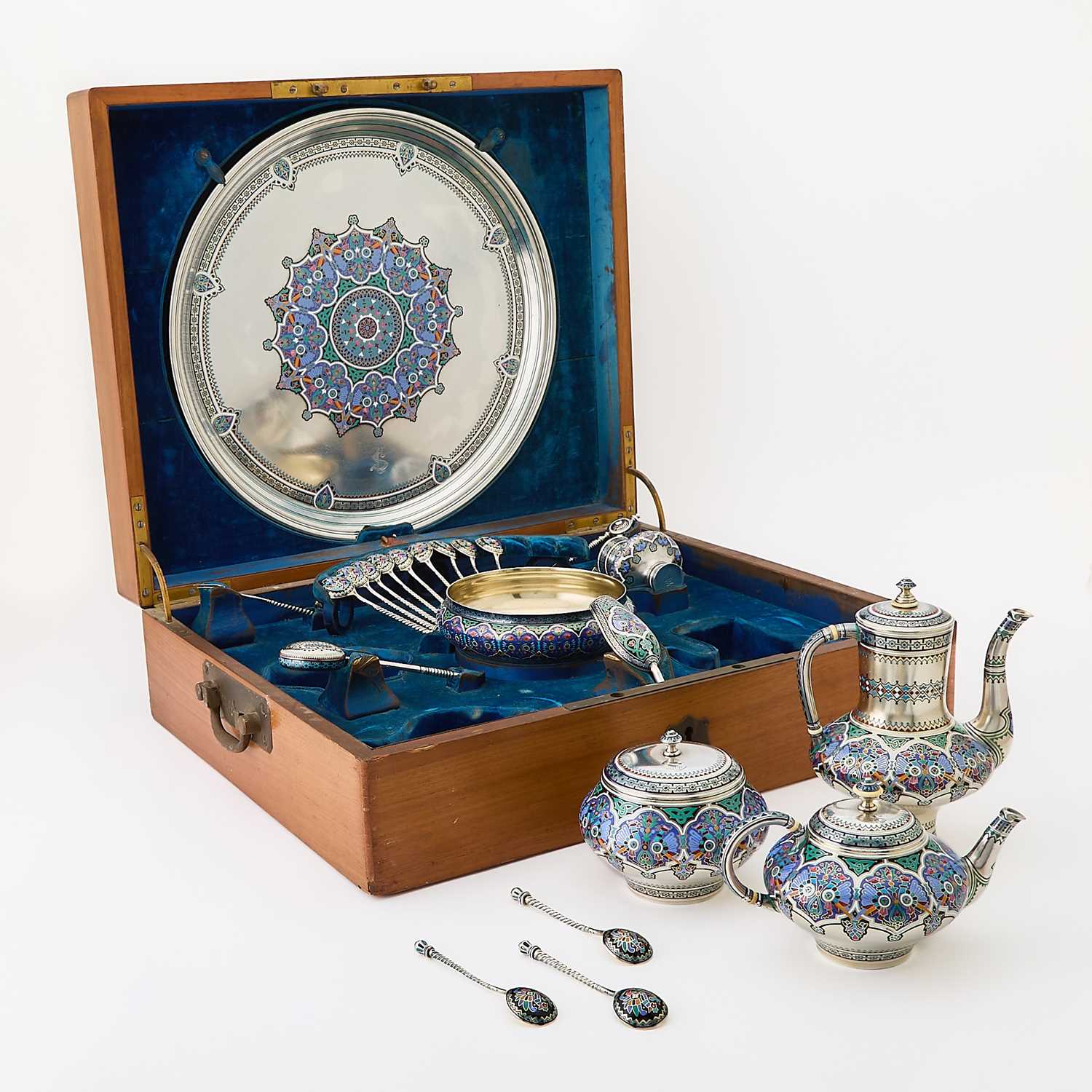 Lot 208 - Russian Silver and Champlevé Enamel Tea and Coffee Service