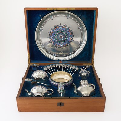 Lot 208 - Russian Silver and Champlevé Enamel Tea and Coffee Service