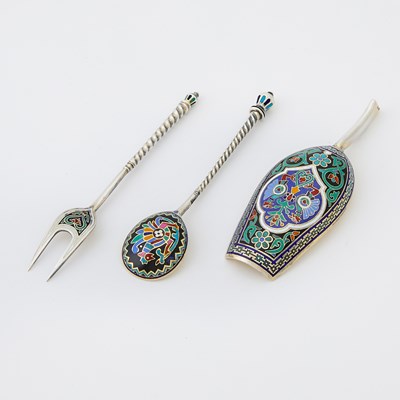 Lot 208 - Russian Silver and Champlevé Enamel Tea and Coffee Service