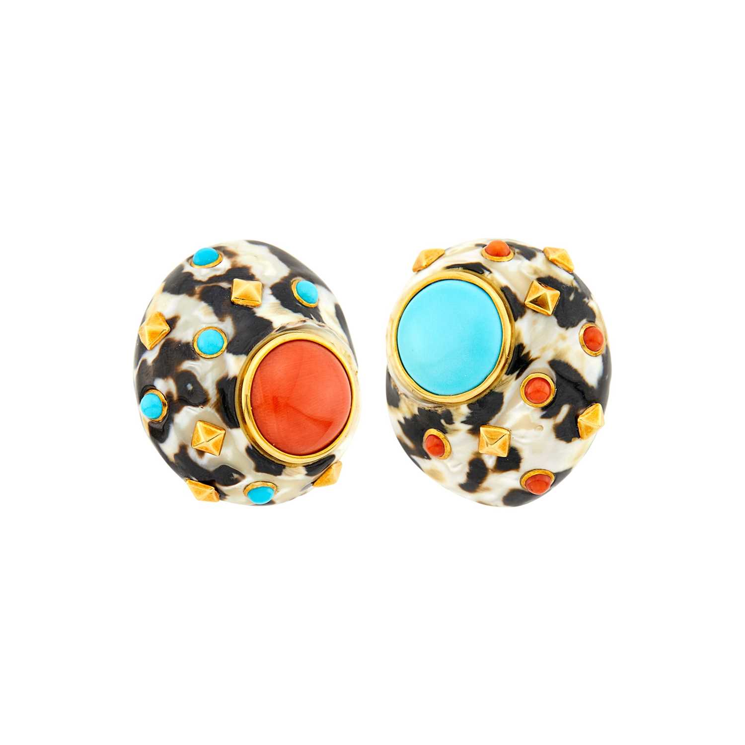 Lot 1005 - Trianon Pair of Gold, Shell, Coral and Turquoise Earrings