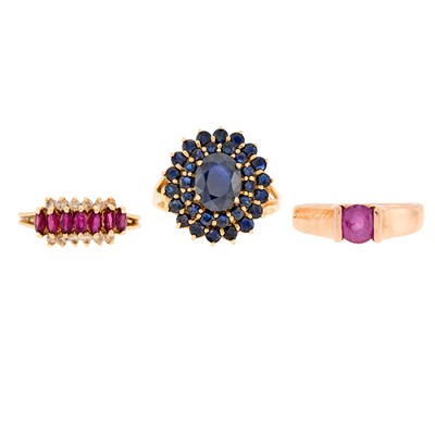 Lot 2270 - Group of Gold, Rose Gold, Pink Sapphire, Sapphire, Ruby and Diamond Rings